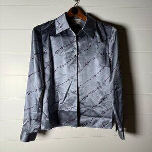 Due per Due Collection Vintage 100% Silk Blouse Size 8 Blue Gray with Purple